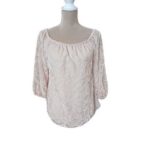 WHBM Velvet Burnout Off The Shoulder 3/4 Sleeve Top XS Blush Pink Coquette